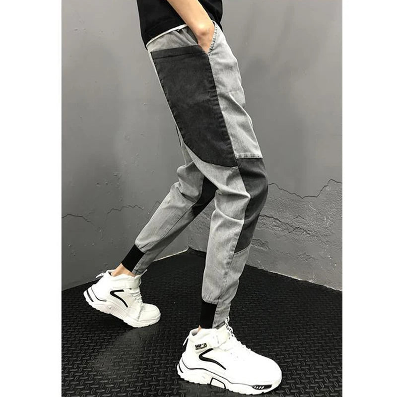 Men's Summer Korean Fashion Vintage Patchwork Stretchy Washed Denim Pants Y2K Casual Streetwear Slim Fit Jeans Pantalones Hombre