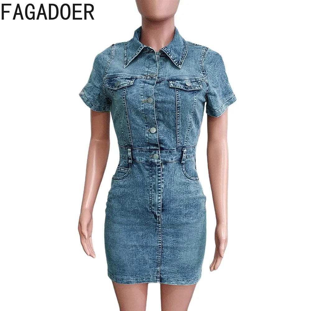 FAGADOER Y2K Denim Dress Mini Fashion Short Sleeve Stretchy Jean Cowboy Cargo Pockets Vestidos Cool Girl Streetwear Clothing new