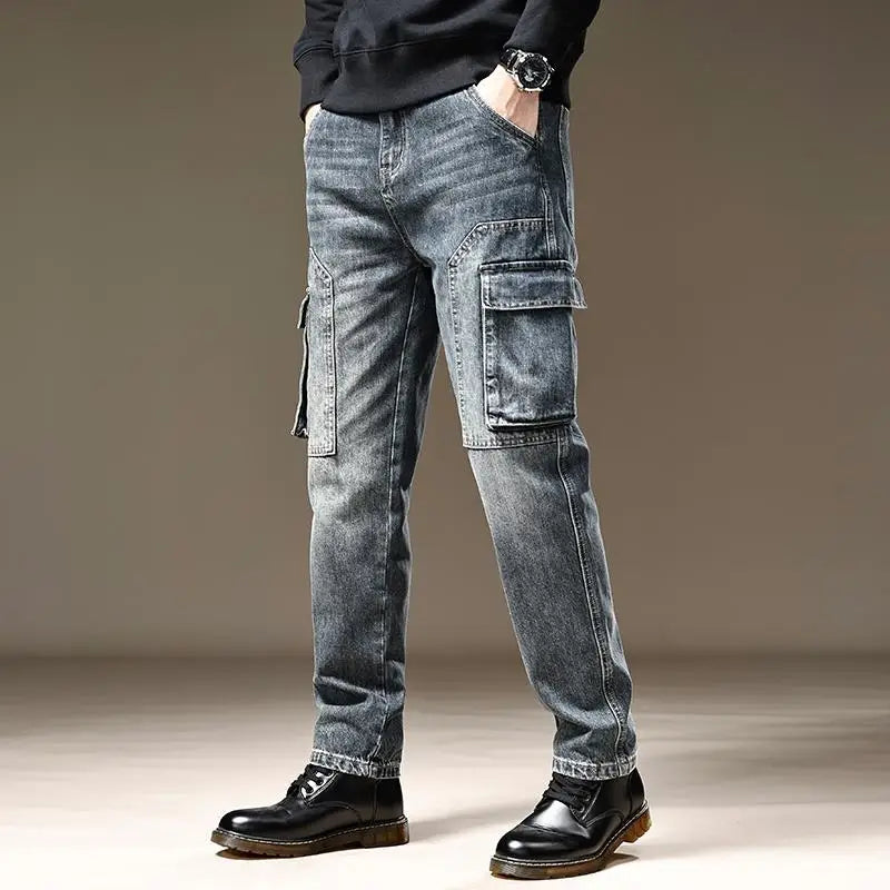 Jeans for Men Straight Male Cowboy Pants with Pockets Trousers Cargo Regular Aesthetic New in Stacked Korean Fashion Trend 2024