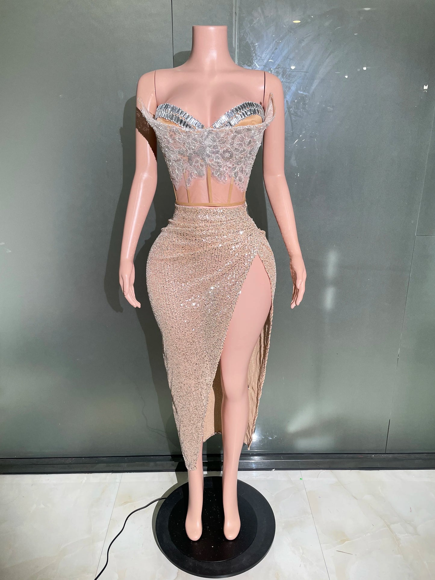 Women Glitter rhinestone Bright Sequins Two Pieces Evening Party Dress Celebrate Festival Dancer Bar Nightclub Ds Dj Stage Wear