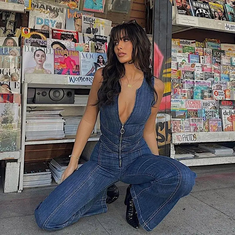 2025 New Women's Spring Summer Sexy Sleeveless Backless High Waisted Micro Flared Denim Jumpsuit