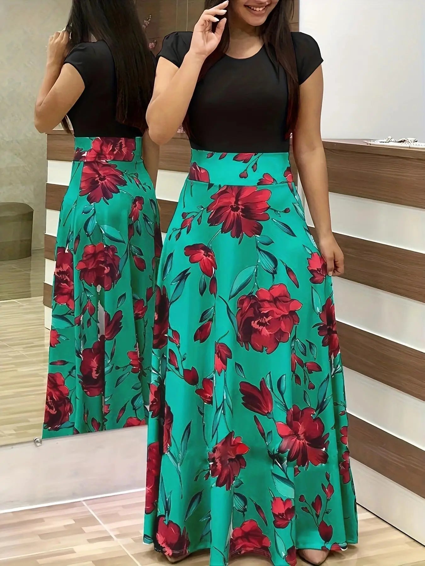Flower Print Short Sleeved Dress