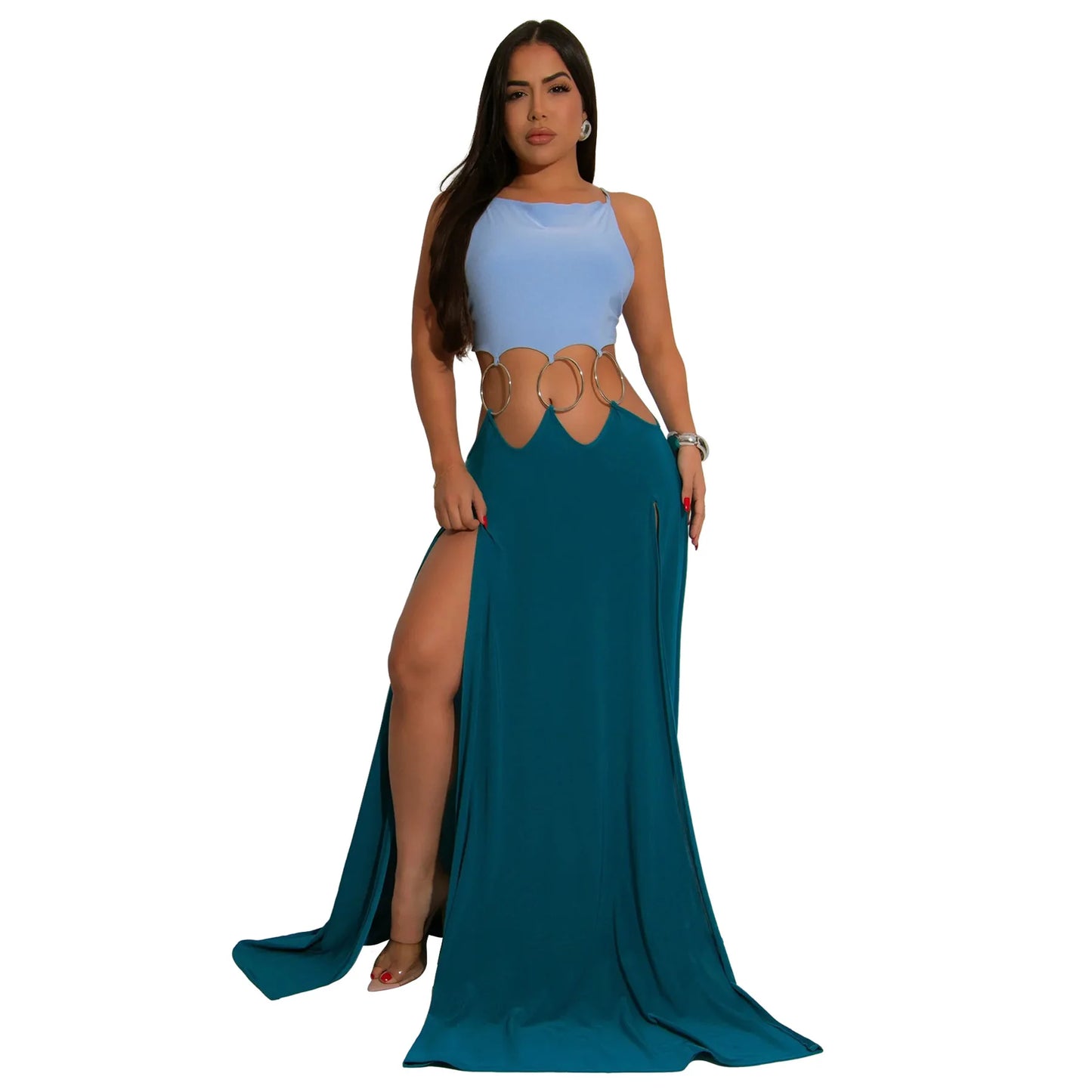 CM.YAYA Women Strap Backless Big Swing Split Maxi Long Dress 2025 Hollow Out Birthday Sexy Club Party Evening Dresses Vestidos