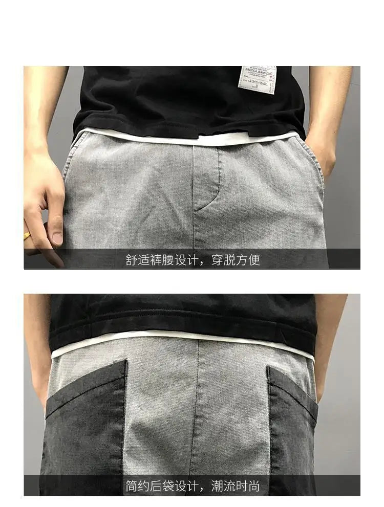 Men's Summer Korean Fashion Vintage Patchwork Stretchy Washed Denim Pants Y2K Casual Streetwear Slim Fit Jeans Pantalones Hombre
