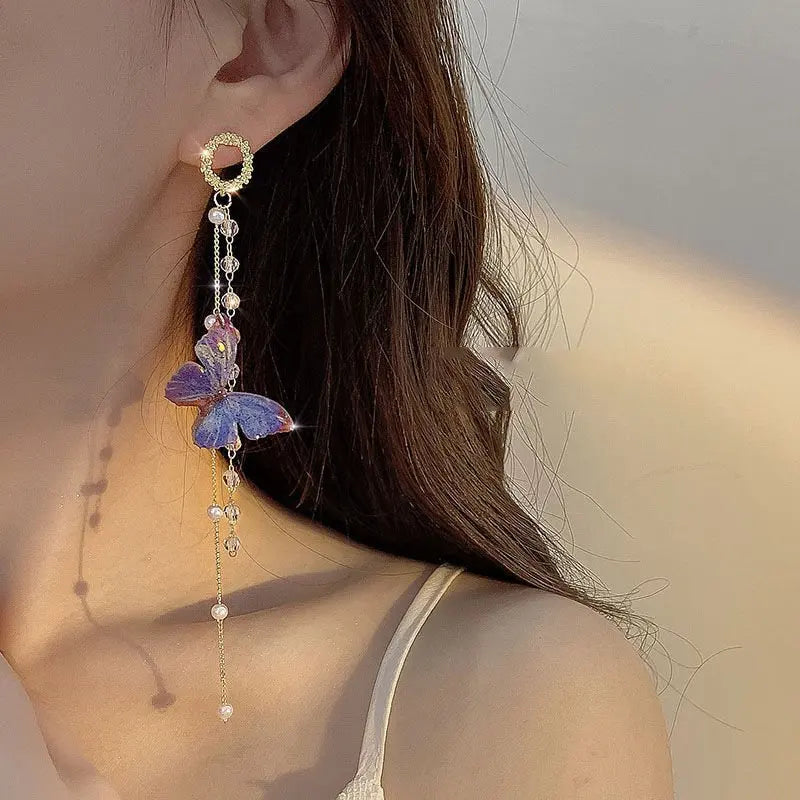 New Luxury Women Zircon Crystal Pearls Long Tassel Butterfly Earrings