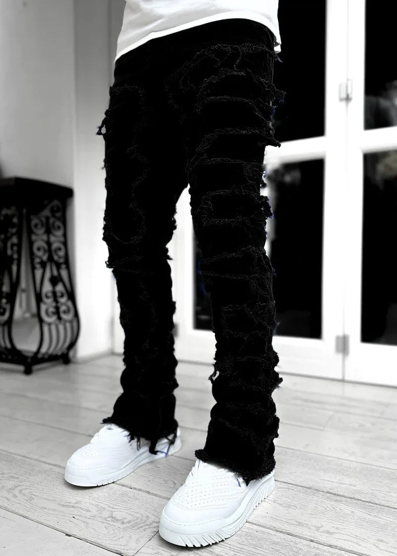 2024 Spring Summer New Men's Clothing Fashion Solid Color Elastic Patch Denim Straight-Leg Pants Jeans