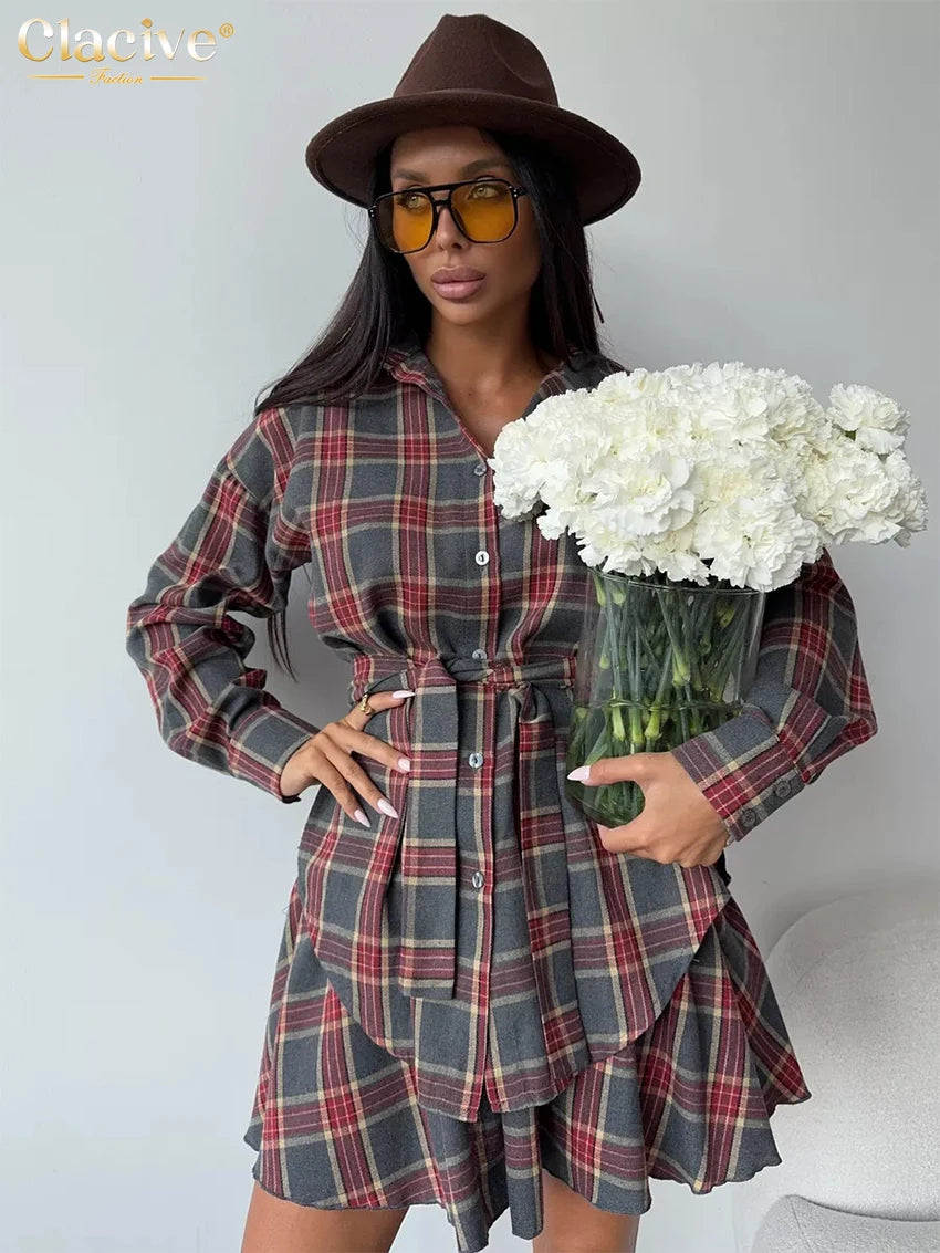 Clacive Fashion Loose Plaid 2 Piece Sets Women Outfit 2025 Elegant Long Sleeve Shirt With High Waist Mini Skirt Set Female