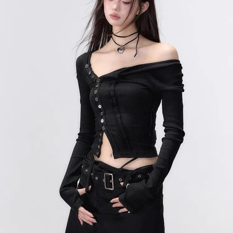 Black Tshirts Women Clothes Long Sleeve Slash Neck Tunic Tees 2025 Ropa Mujer Single Breasted Sexy Korean Y2k T Shirt Ropa Mujer