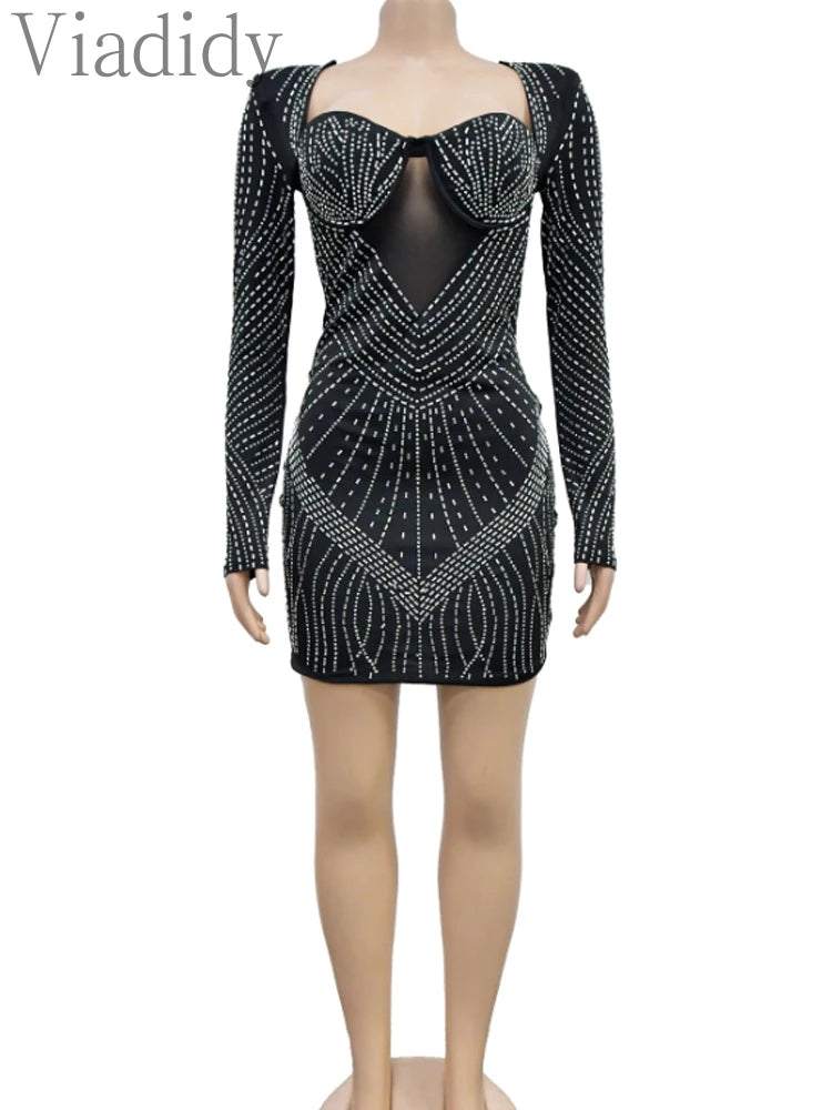 Solid Color Mesh Rhinestone Long Sleeve Backless Night Club Dress