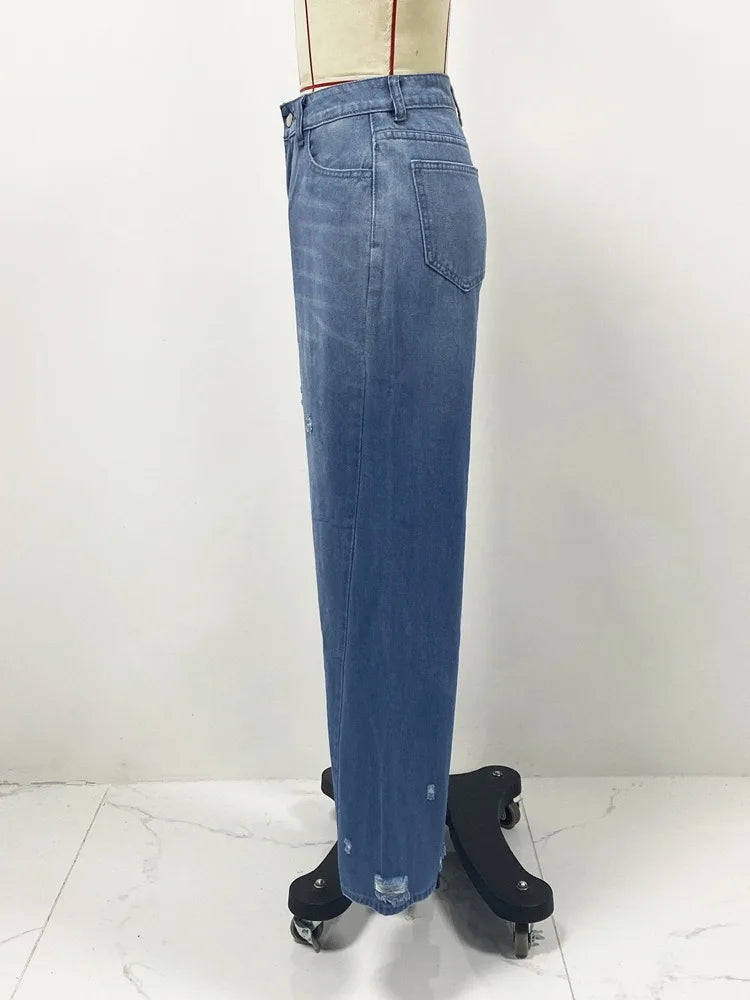 Women Denim Holes Jeans Washing Pencil Pants High Waist Zipper Mom Fly Slim Wide Leg Pockets Full Length Spring 2025 Streetwear