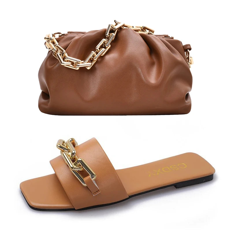 High Quality Purse And Chain Flat Sandals Sets