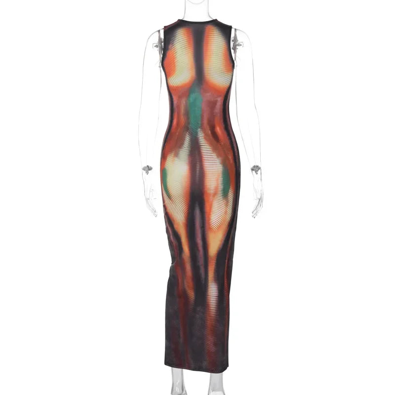 Summer 2024 Y2K Print Sexy Evening Party Club Birthday Maxi Dress for Women Bodycon Sleeveless Long Dresses Outfits Streetwear