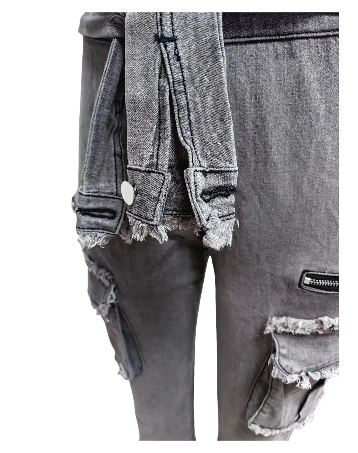 FAGADOER Retro Grey Denim Jumpsuits Women Cargo Pockets Zip Bodycon Jeans Stretchy Quality Overalls Streetwear Autumn New