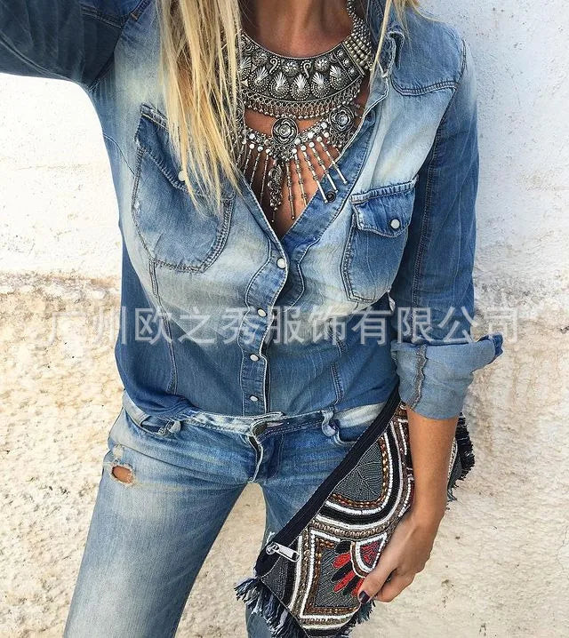 Shirt for Women Autumn Blouses Denim Single Breasted Spring Blue Casual Loose Work Shirts Slim Fit Sexy Elegant Y2k Tops 2025