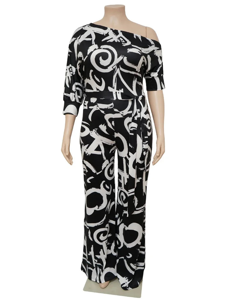 Wmstar Jumpsuit Plus Size Women Clothes Summer Printed Left Off Shoulder with Sashes Offiice Ladies Wholesale Dropshipping 2022