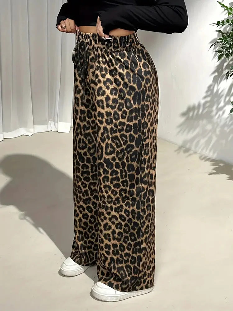 GIBSIE Plus Size Leopard Print Drawstring Wide Leg Pants Women 2025 Spring Summer High Waist Loose Casual Straight Trousers