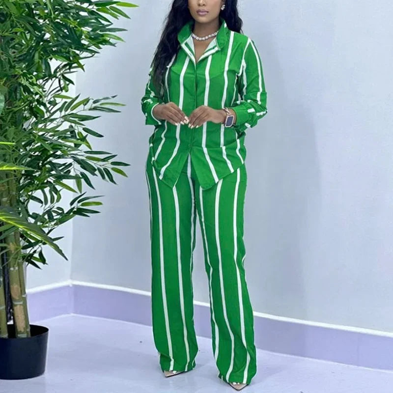 African Stripe Two Piece Set Women Long Sleeve Wide Leg