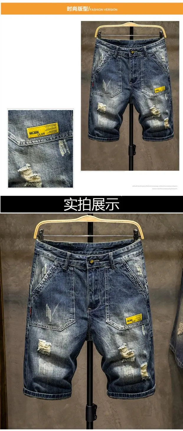 Summer 2025 Light Blue Ripped Cat Whisker Patch Letter Print Slim Denim Shorts Teenagers Jeans Boys and Girls Cowboy Short Pants
