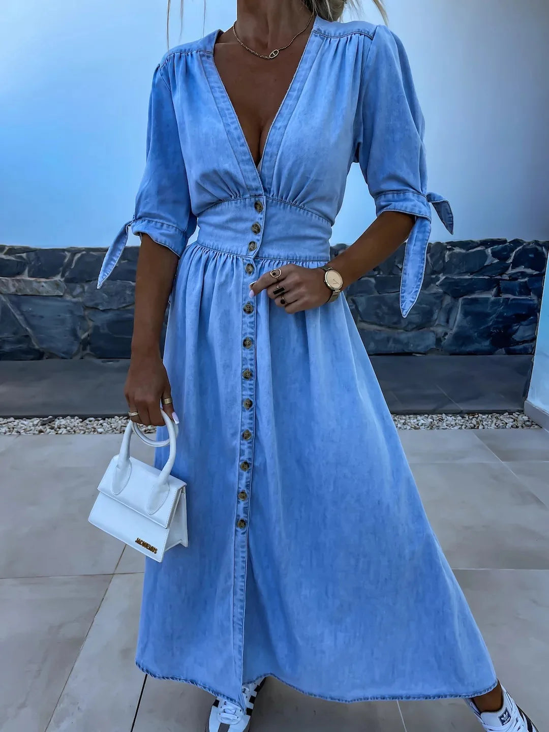 Sexy V-neck Long Single-Breasted Denim Dress