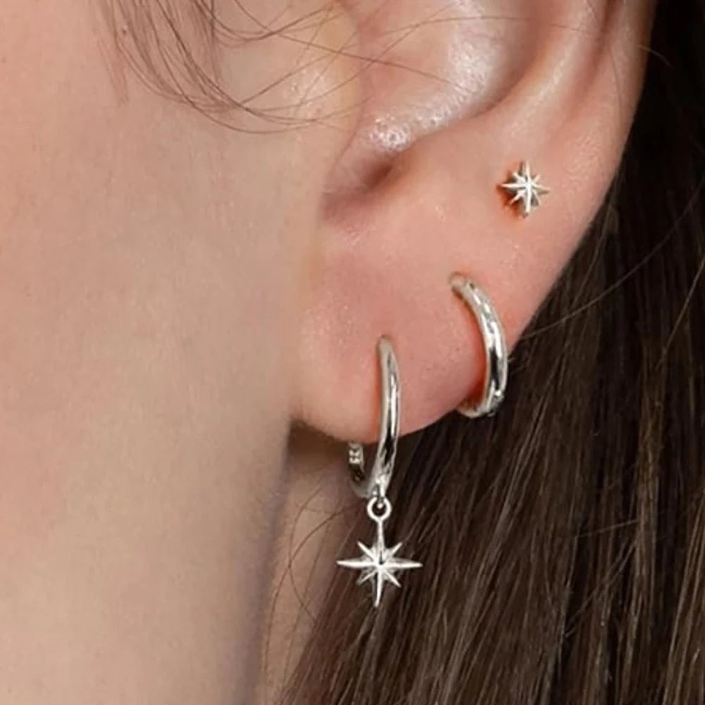 Stainless Steel Round Star Drop Earrings
