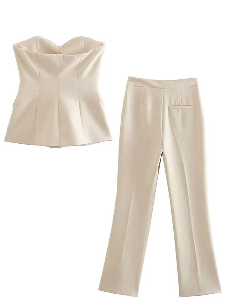 Women Elegant Pant Suit Strapless Top Side Slit Trouser