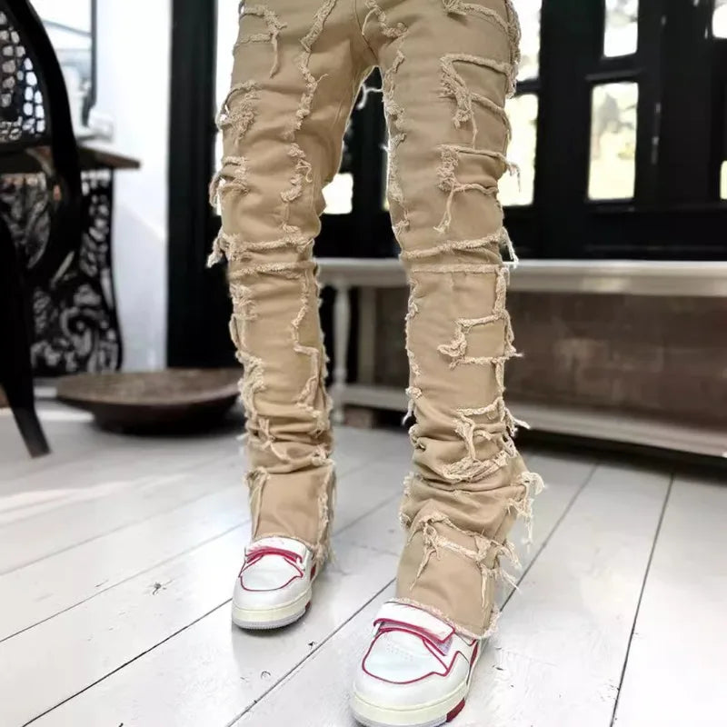 2024 Spring Summer New Men's Clothing Fashion Solid Color Elastic Patch Denim Straight-Leg Pants Jeans