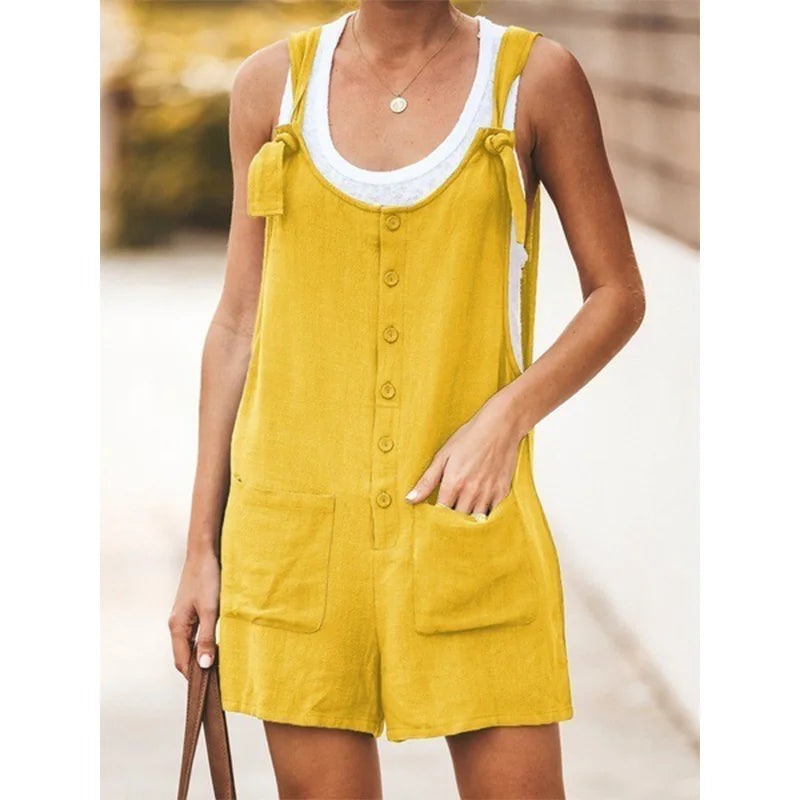 Summer women's solid color patch pocket tied cotton and linen suspender pants