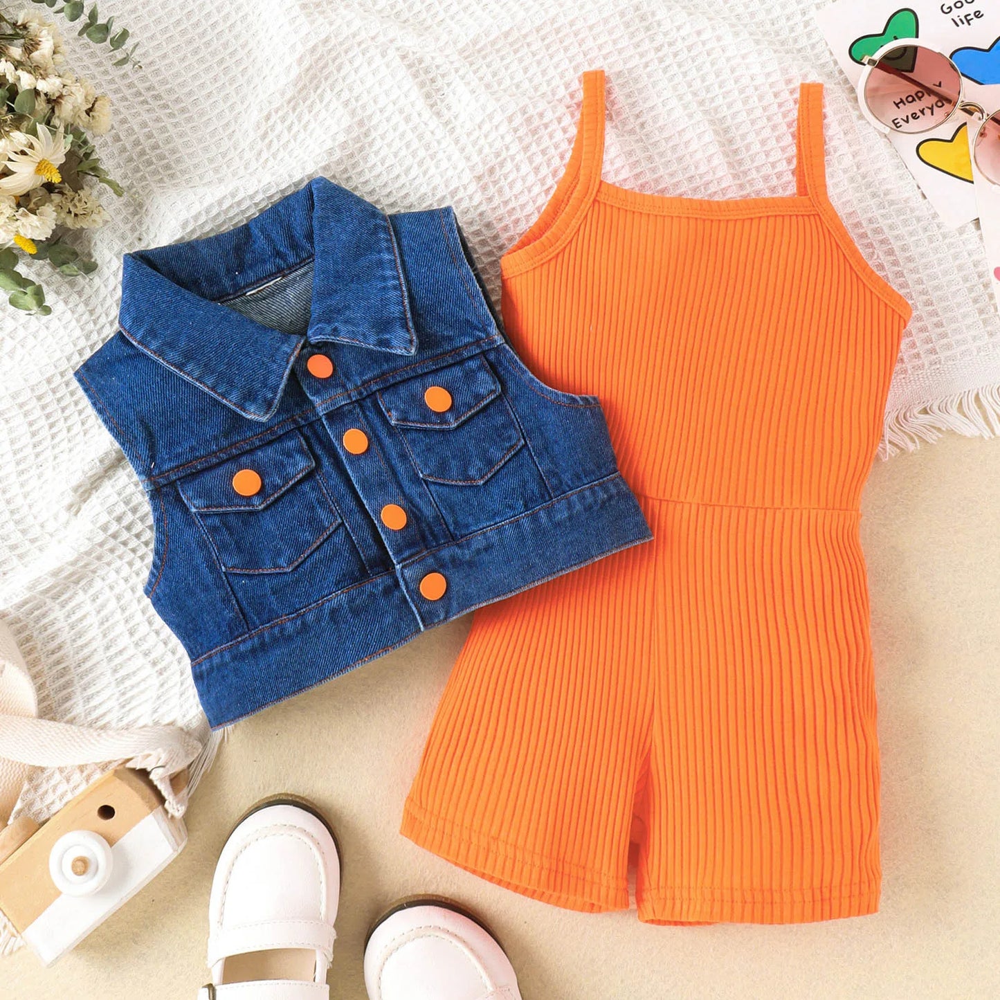 Children Fashion Clothes Sets For Girls 3-7 Years 2025 Summer Sleeveless Solid Rib Bodysuit +Lapel Denim Coat Two Piece Outfits