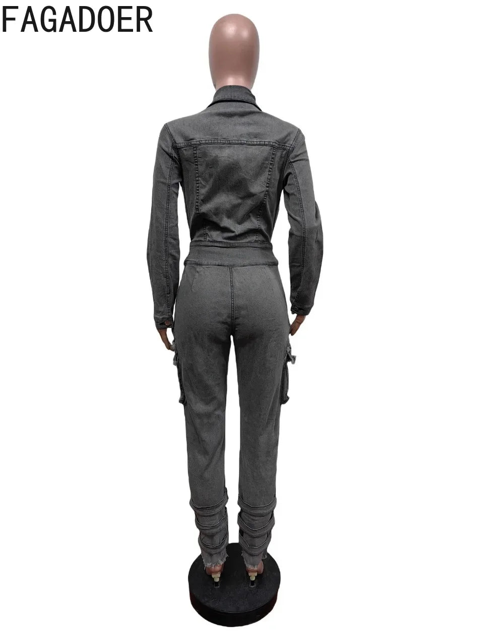 FAGADOER Retro Grey Denim Jumpsuits Women Cargo Pockets Zip Bodycon Jeans Stretchy Quality Overalls Streetwear Autumn New