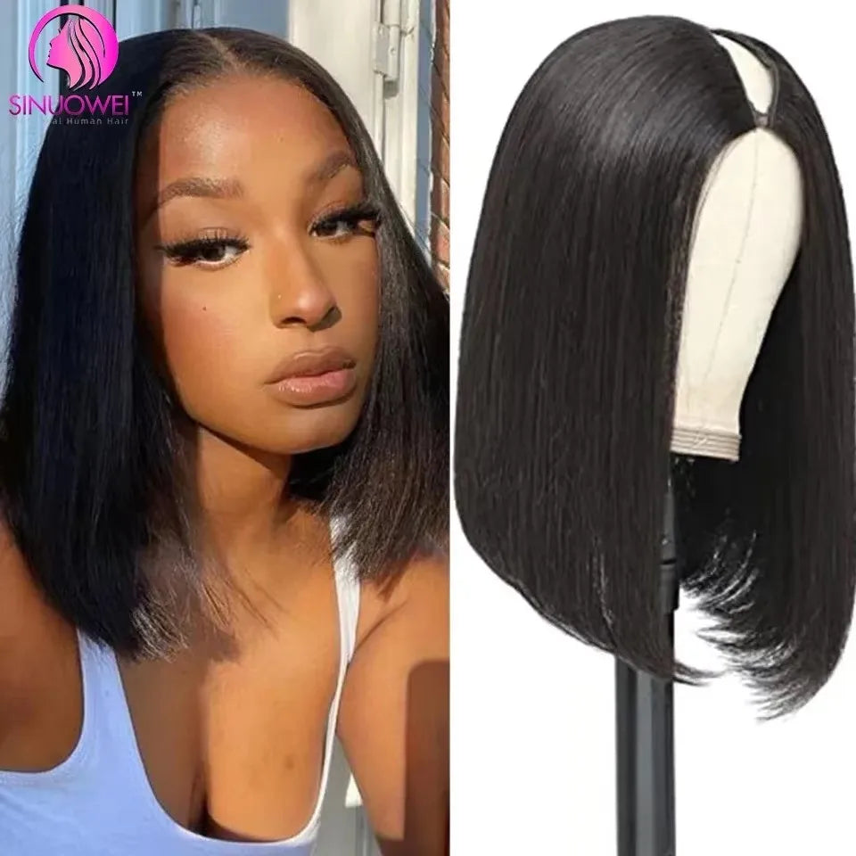 Straight Short Human Hair Wigs No Glue U Part Wig