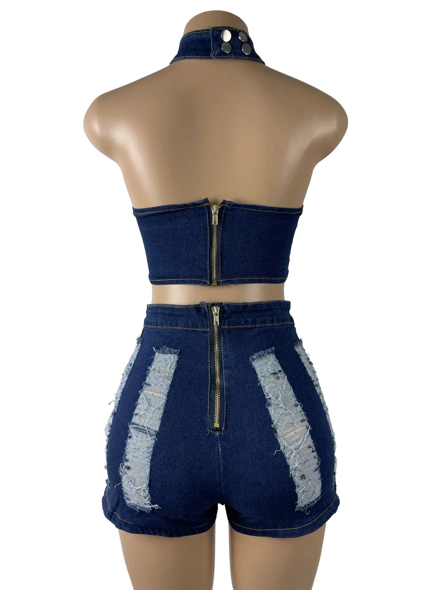 Y2k New Fashion Street Style Stretchy Sexy Ripped Bodice Denim Tops And Denim Shorts Jeans 2PCS Set Women's Clothing Plus Size