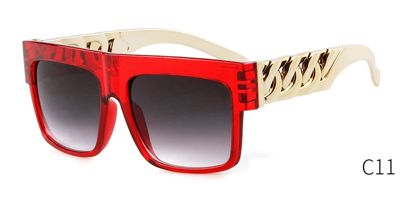 2025 Oversized Hip Hop Sunglasses Men Women Brand Design Flat Top Retro Square Black Sun Glasses Gold Plastic Chain Frame OM725