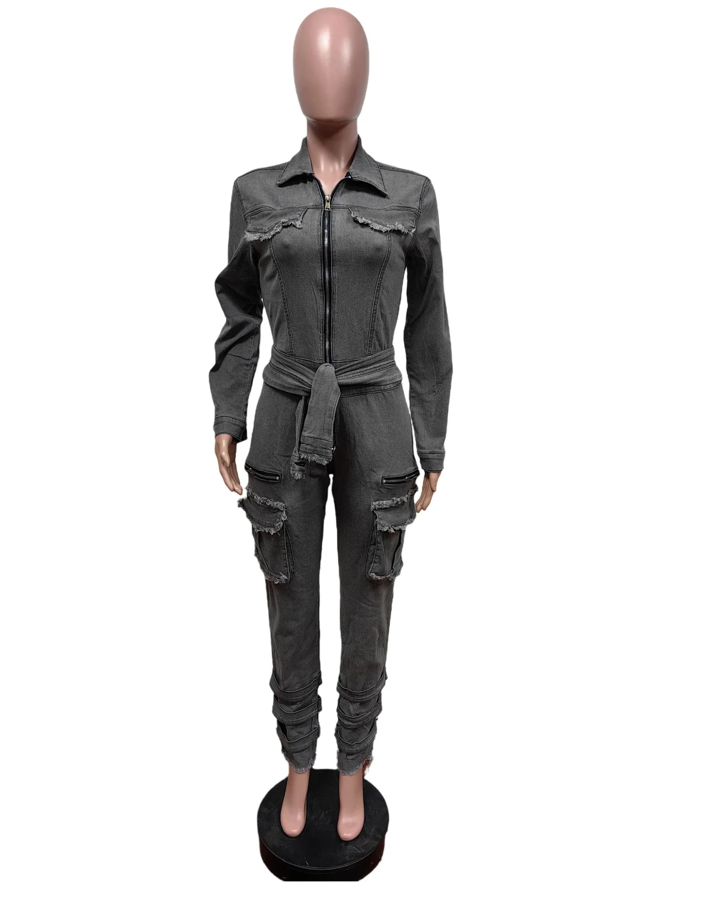 FAGADOER Retro Grey Denim Jumpsuits Women Cargo Pockets Zip Bodycon Jeans Stretchy Quality Overalls Streetwear Autumn New