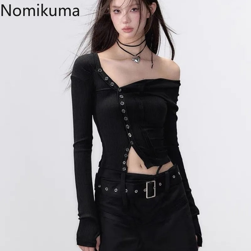 Black Tshirts Women Clothes Long Sleeve Slash Neck Tunic Tees 2025 Ropa Mujer Single Breasted Sexy Korean Y2k T Shirt Ropa Mujer