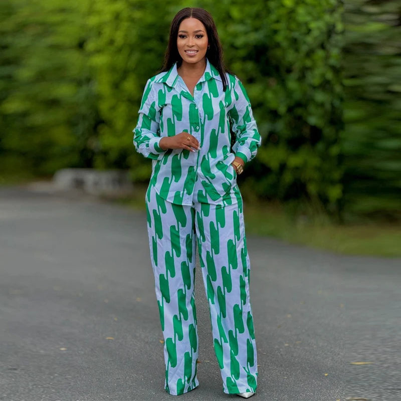 African Stripe Two Piece Set Women Long Sleeve Wide Leg