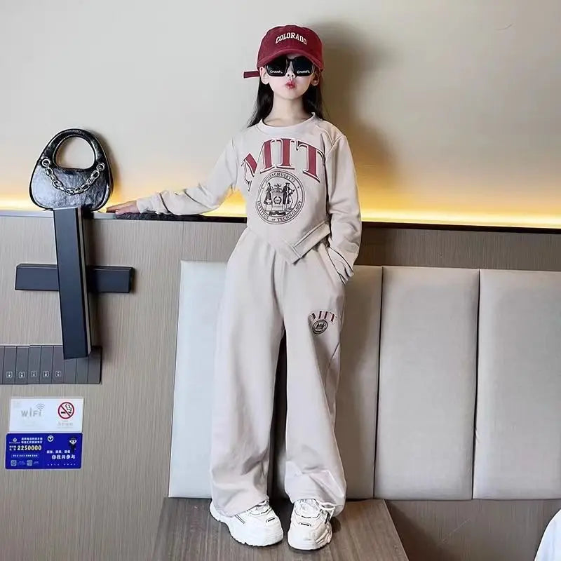 2025 autumn spring kid Girls Clothes Suit Child irregular letter sweatshirt t-shirt top and loose pant Tracksuit 4 8 10 12 year