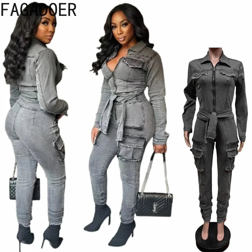 FAGADOER Retro Grey Denim Jumpsuits Women Cargo Pockets Zip Bodycon Jeans Stretchy Quality Overalls Streetwear Autumn New