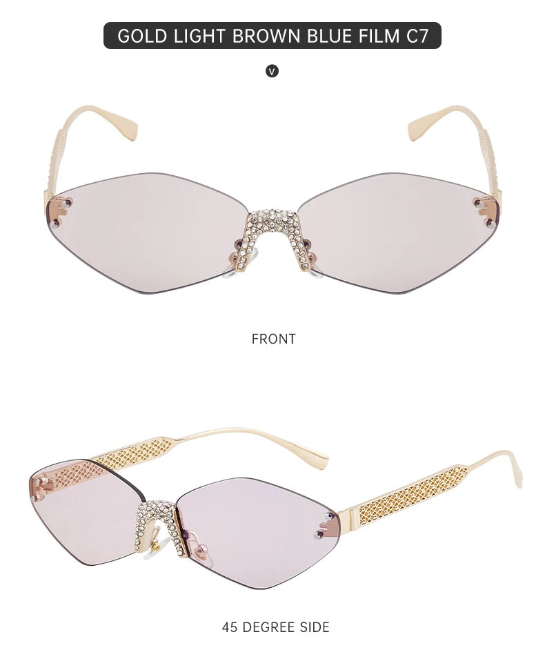 Small Metal Frame Hexagon Rimless Sunglasses Women 2025 Luxury Brand Design Polygon Sun Glasses For Ladies Retro Eyewear Shades