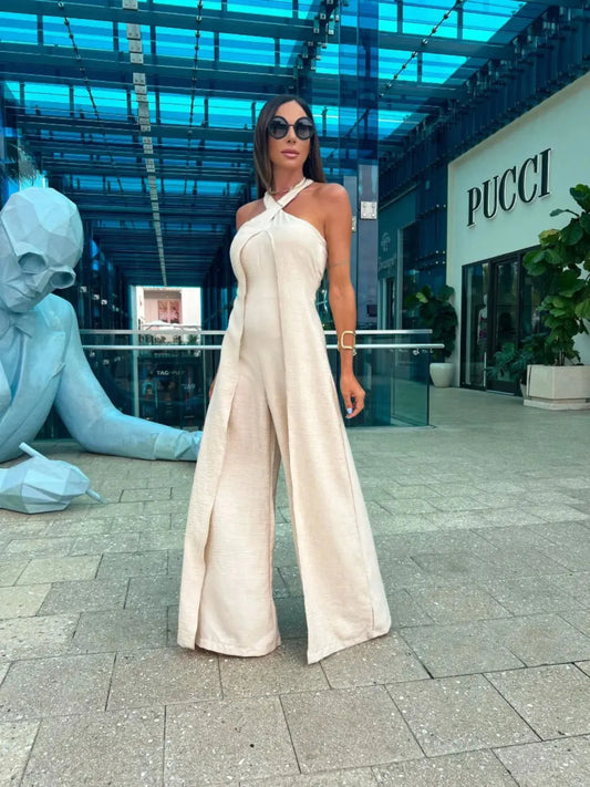 New Summer Women Jumpsuit One Front  Jumpsuit Sleeveless Wide Leg Long Pant Bodysuit Fashion Fit Casual Streetwear