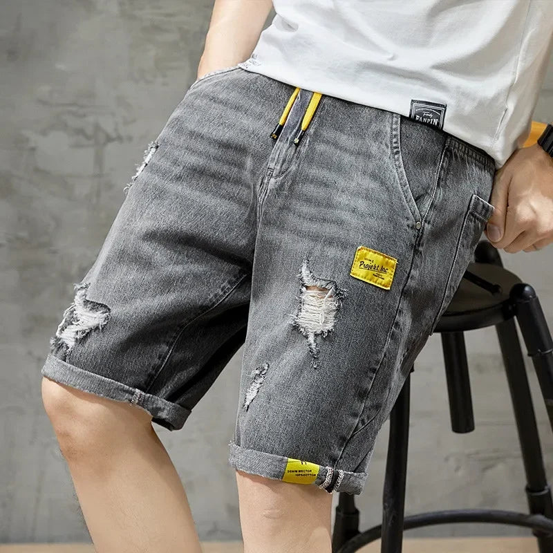 Summer 2025 Light Blue Ripped Cat Whisker Patch Letter Print Slim Denim Shorts Teenagers Jeans Boys and Girls Cowboy Short Pants