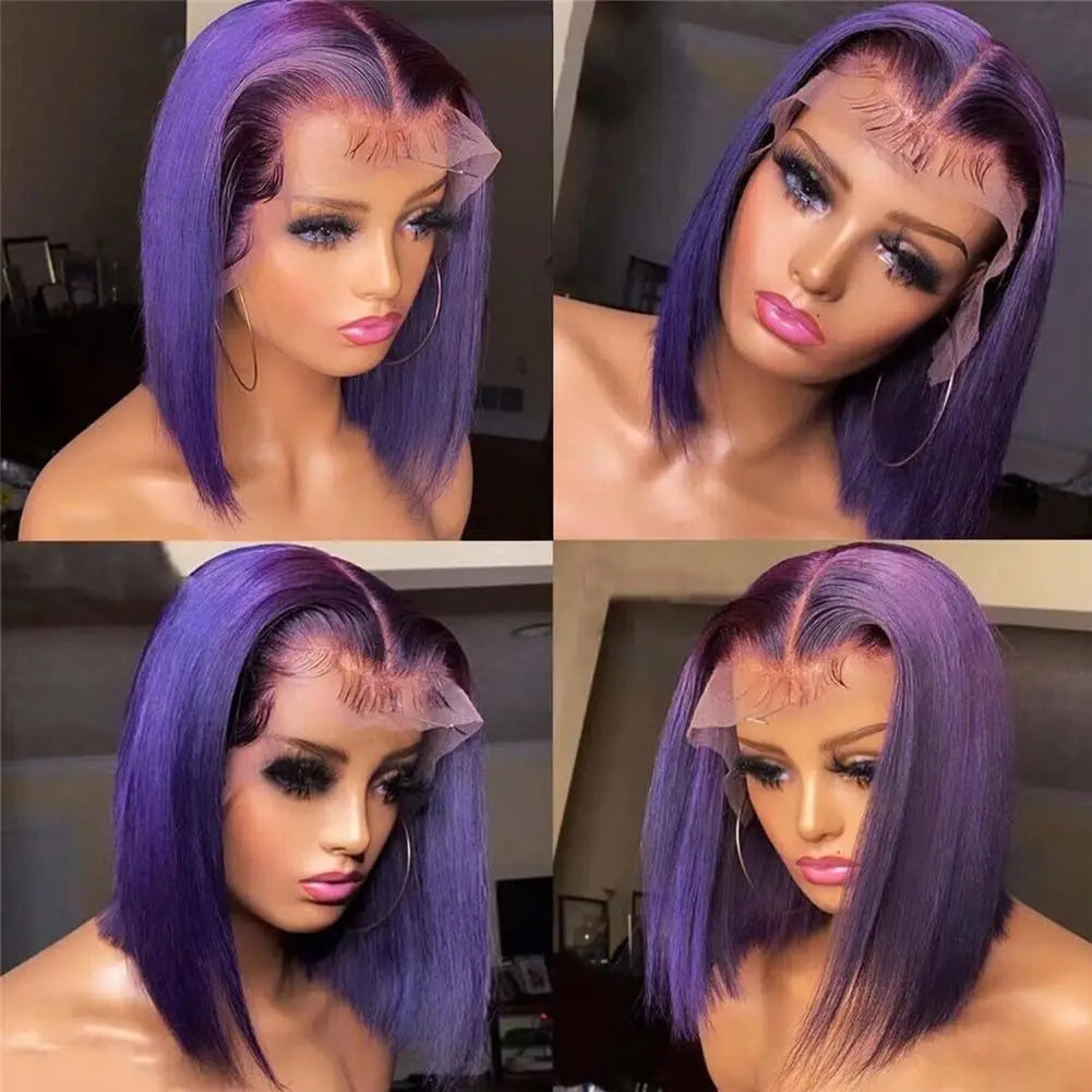 Dark Purple Bob Wig Human Hair 13x4 Hd Lace Front Wigs Human Hair 180% Density Glueless Wigs Short Cut Straight Bob Wigs