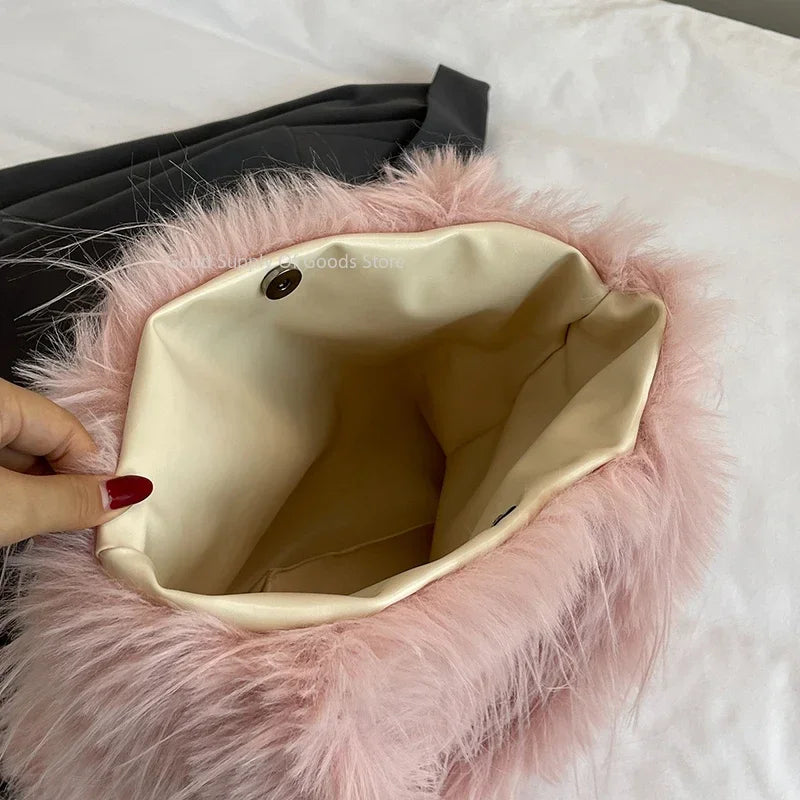 2025 NEW Wool Women's Plush Shoulder Bags Y2k Hot Faux Fur Lady Bag Large Capacity Fashion Female Furry Purse Tote Handbags