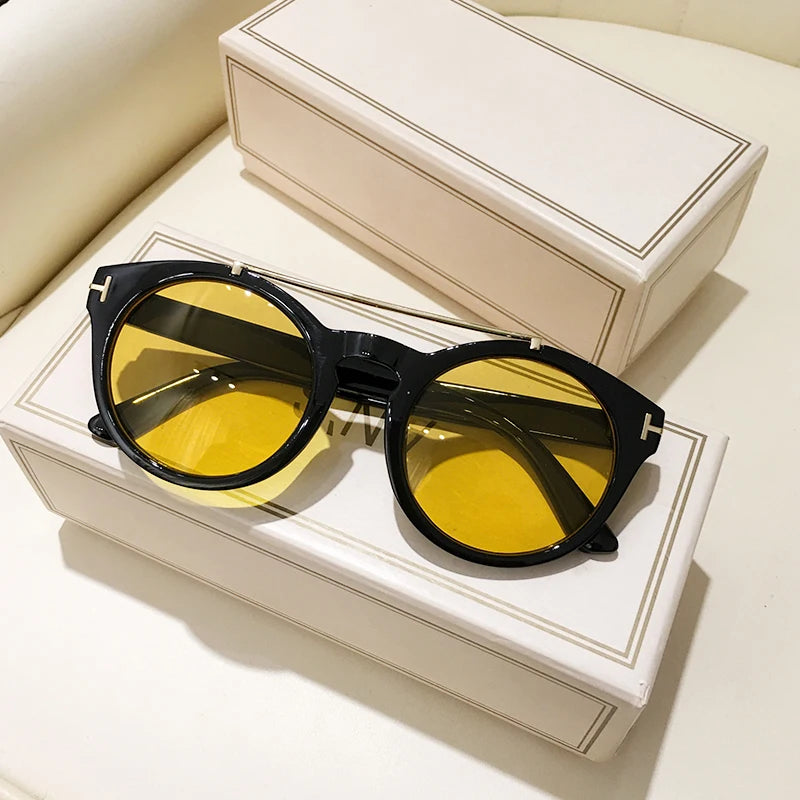 Trendy Retro Round Rivet Sunglasses Women 2025 Brand Double Bridge Shade Eyewear Colorful Lens Gray Yellow Frame Men Sun Glasses