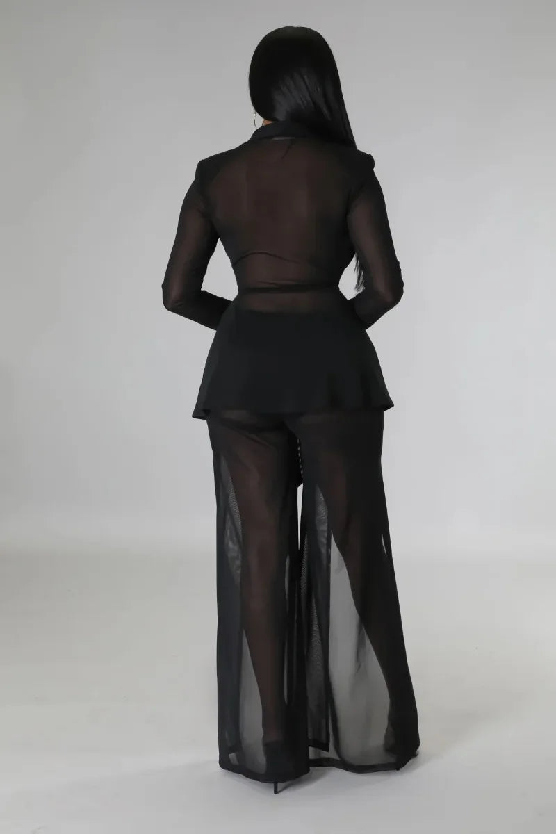 Women Fashion Sexy 2 Piece Set Long Sleeve Lace Up Ribbon Zipper Slim Blazer Tops + Split Wide Leg Pants See Through Mesh Suit