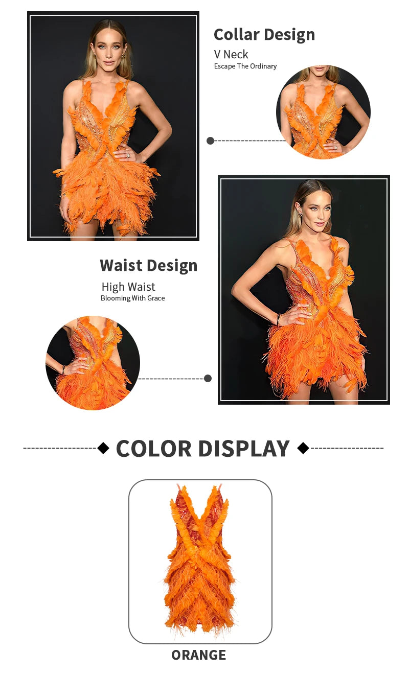 PB 2024 New Orange Prom Dresses Sparkly Beading Crystal Rhinestones Feathers Embellished Birthday Party Cocktail Evening Dress