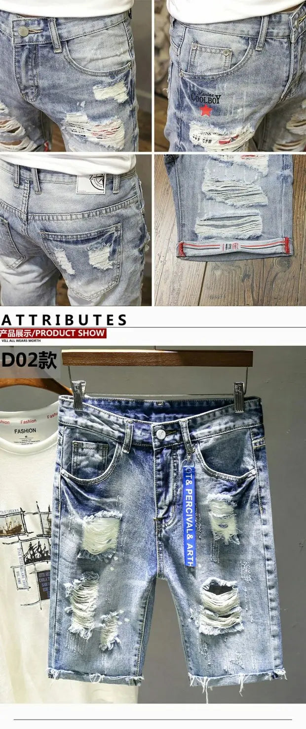 Summer 2025 Light Blue Ripped Cat Whisker Patch Letter Print Slim Denim Shorts Teenagers Jeans Boys and Girls Cowboy Short Pants