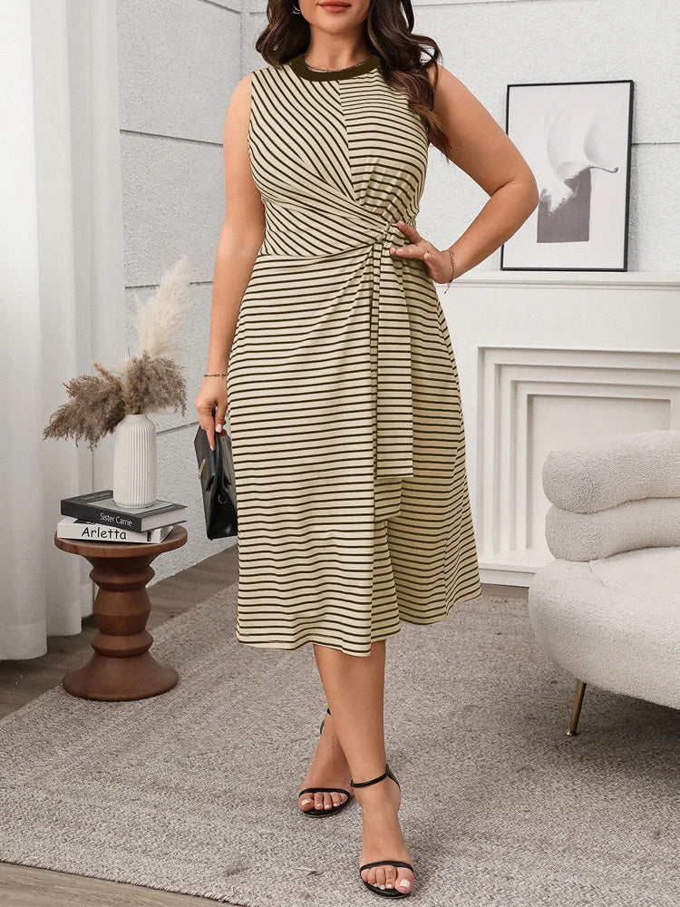GIBSIE Plus Size Striped Tie Front Summer A-Line Dress 2025 New Women's O-Neck Sleeveless High-waisted Casual Long Dresses