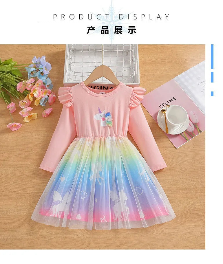 2025 New Princess Dress Unicorn Girls Dress Spring Kids Clothes Birthday Party Dress Long-sleeved for Children Rainbow 2-8Y