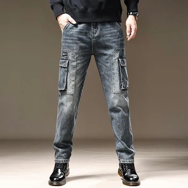 Jeans for Men Straight Male Cowboy Pants with Pockets Trousers Cargo Regular Aesthetic New in Stacked Korean Fashion Trend 2024