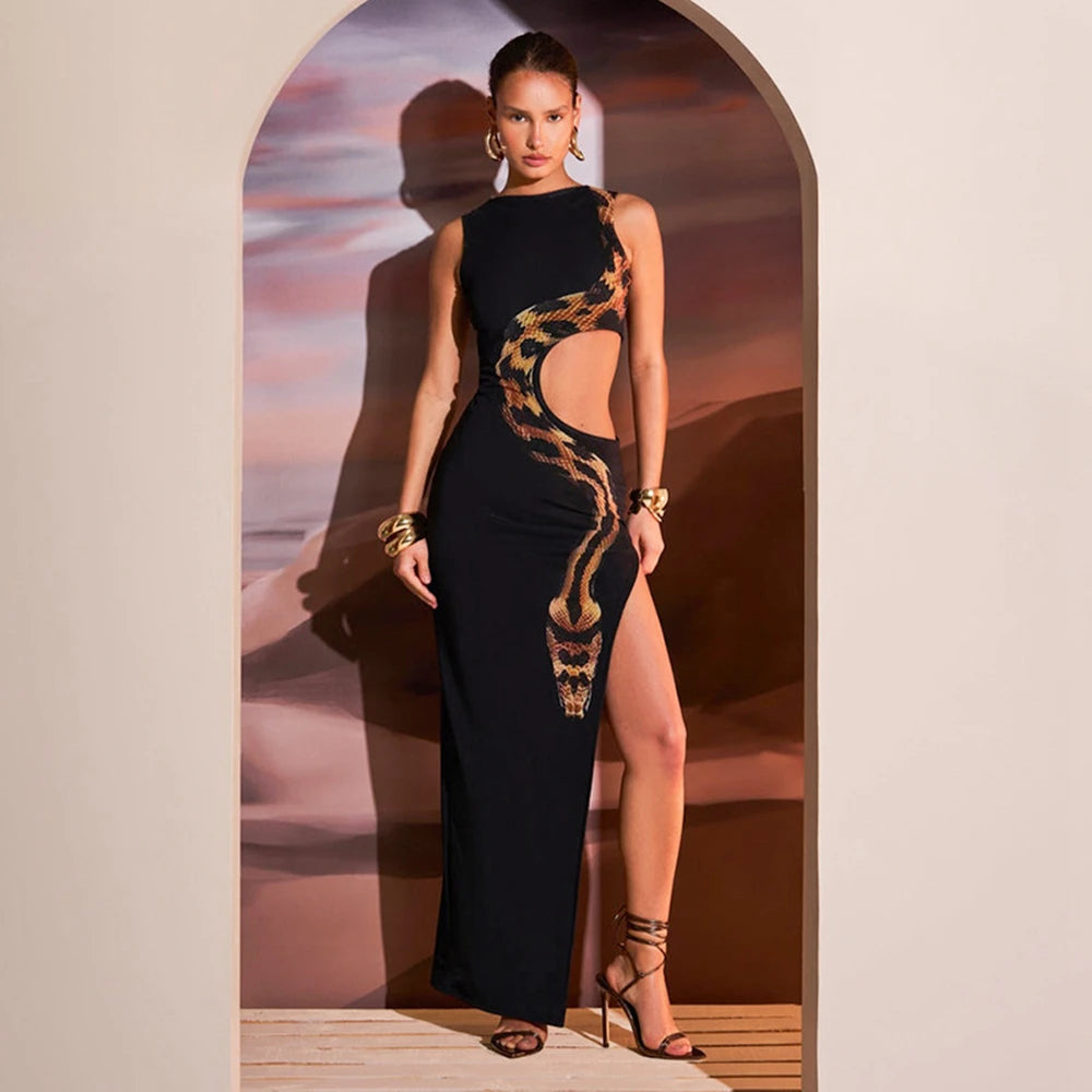 Summer New Fashionable Sleeveless Sexy Slim Fit Mid Waist Slit Long Skirt With Hollow Out Dress For Women